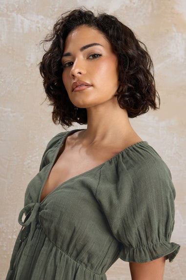 Pixiegirl Khaki Green Tie Front Mini Dress