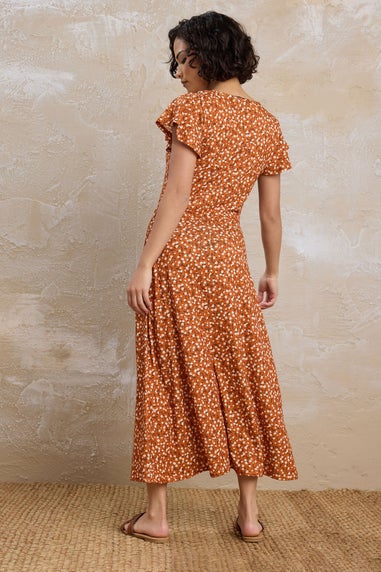 Pixiegirl Rust Orange Ditsy Floral Flutter Sleeve Dress