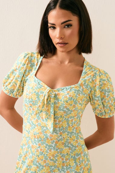 Pixiegirl Yellow Ditsy Floral Tie Front Midi Dress