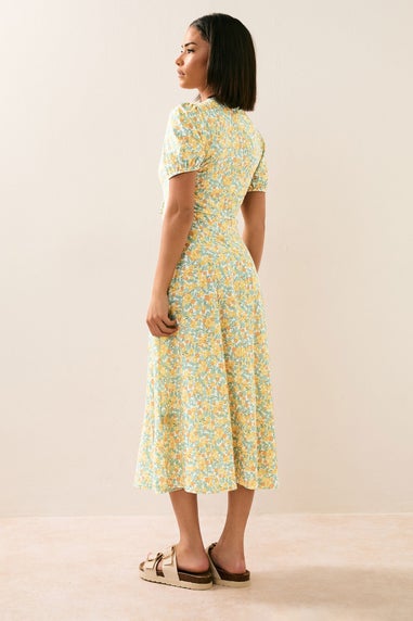 Pixiegirl Yellow Ditsy Floral Tie Front Midi Dress