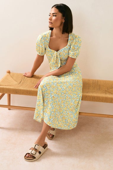 Pixiegirl Yellow Ditsy Floral Tie Front Midi Dress
