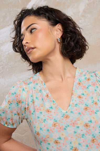 Pixiegirl Light Blue Floral V-Neck Midi Dress