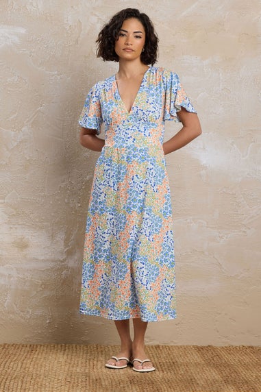 Pixiegirl Blue Floral Flutter Sleeve Midi Dress