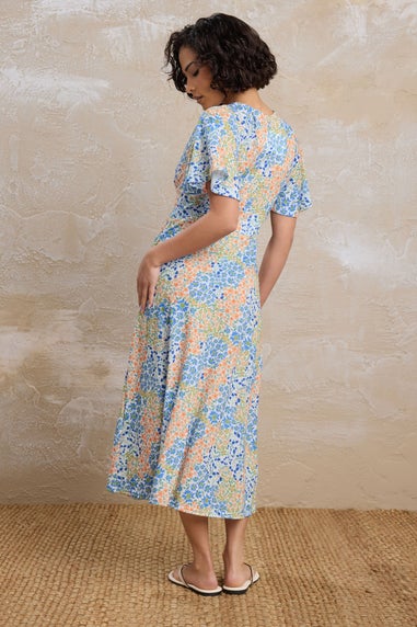 Pixiegirl Blue Floral Flutter Sleeve Midi Dress