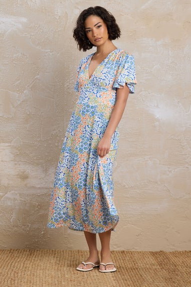 Pixiegirl Blue Floral Flutter Sleeve Midi Dress