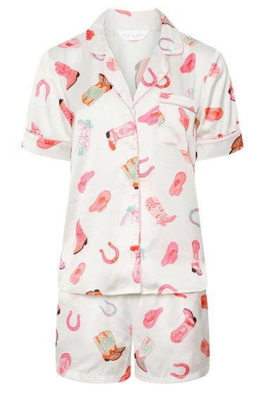 Pixiegirl White Satin Cowboy Graphic Short Pyjama Set