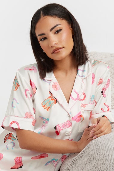 Pixiegirl White Satin Cowboy Graphic Short Pyjama Set