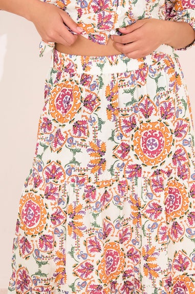PixieGirl Petite White Abstract Tile Tiered Maxi Skirt