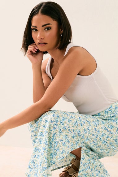 PixieGirl Petite Blue Ditsy Floral Midaxi Skirt