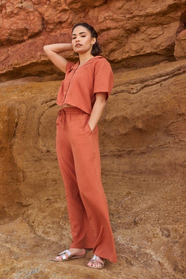 Pixiegirl Rust Orange Linen Drawstring Wide Leg Trousers