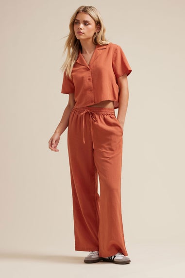 Pixiegirl Rust Orange Linen Drawstring Wide Leg Trousers
