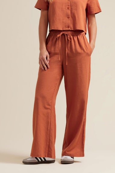 Pixiegirl Rust Orange Linen Drawstring Wide Leg Trousers