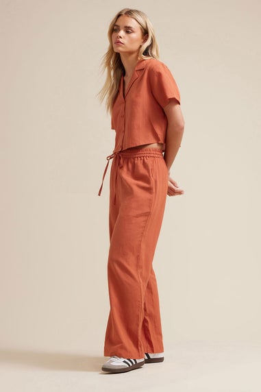 Pixiegirl Rust Orange Linen Drawstring Wide Leg Trousers