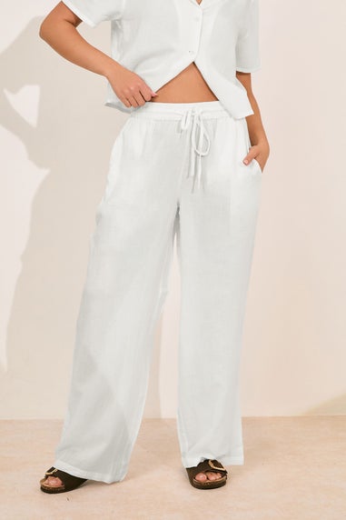Pixiegirl White Linen Drawstring Wide Leg Trousers