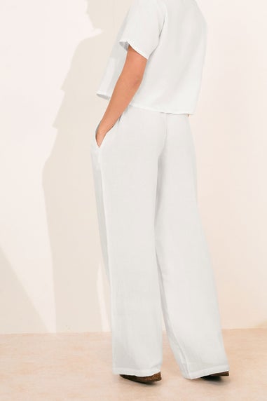 Pixiegirl White Linen Drawstring Wide Leg Trousers