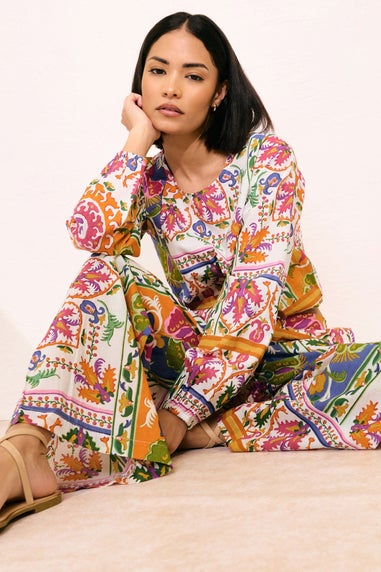 Pixiegirl Petite Orange Abstract Tile Print Wide Leg Trousers