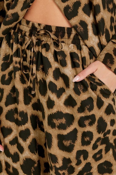 Pixiegirl Brown Leopard Print Drawstring Wide Leg Trousers