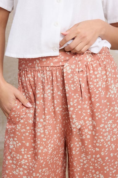 Pixiegirl Coral Pink Ditsy Floral Cropped Trousers