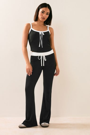 PixieGirl Petite Black Contrast Waist Flared Trousers