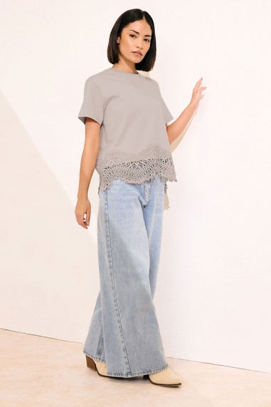 Pixiegirl Stone Brown Crochet Hemline T-Shirt