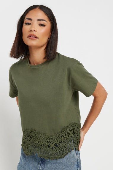 PixieGirl Petite Khaki Green Crochet Hemline T-Shirt
