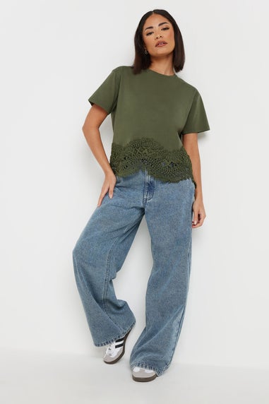 PixieGirl Petite Khaki Green Crochet Hemline T-Shirt