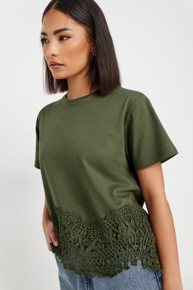 PixieGirl Petite Khaki Green Crochet Hemline T-Shirt