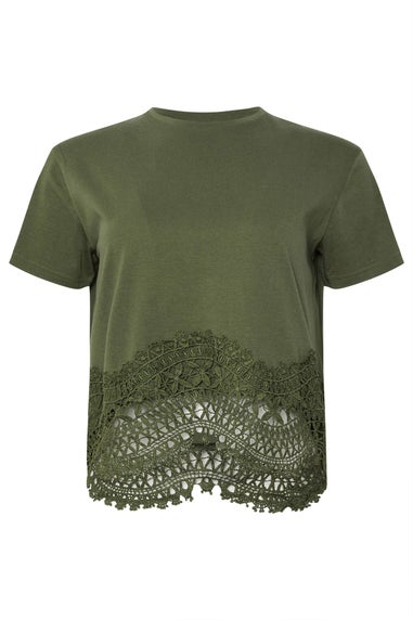 PixieGirl Petite Khaki Green Crochet Hemline T-Shirt