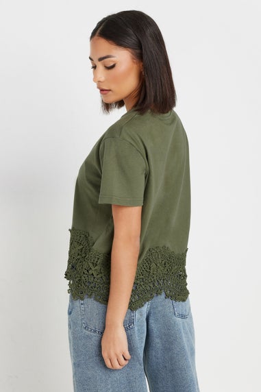 PixieGirl Petite Khaki Green Crochet Hemline T-Shirt
