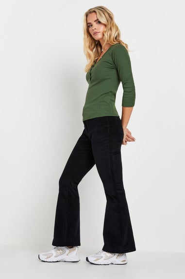 PixieGirl Petite 2 Pack Black & Khaki Green Button Henley Tops