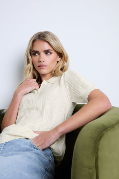 Pixiegirl Ivory White Pointelle Knit Polo Top