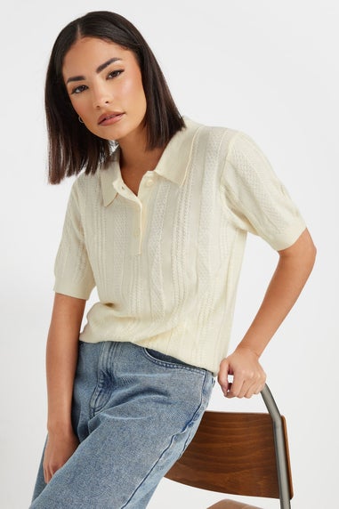Pixiegirl Ivory White Pointelle Knit Polo Top
