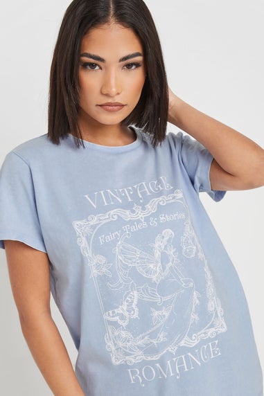 Pixiegirl Light Blue Vintage Romance Slogan T-Shirt