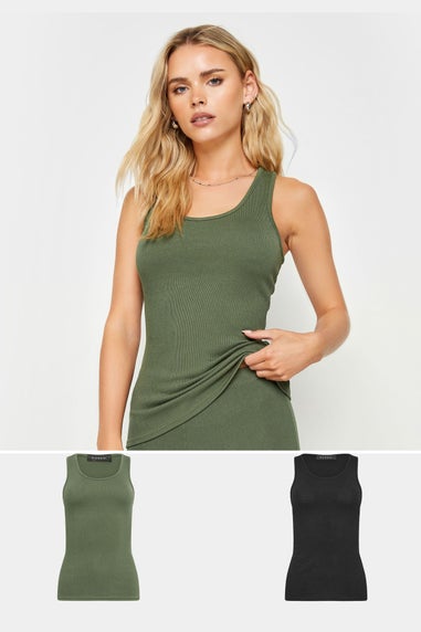 Pixiegirl Petite 2 Pack Khaki Green & Black Ribbed Racer Back Vest Tops