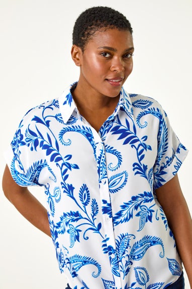 Roman Blue Paisley Leaf Print Tie Front Top