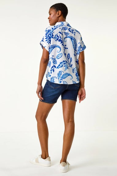 Roman Blue Paisley Leaf Print Tie Front Top