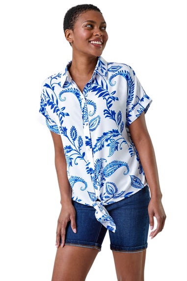 Roman Blue Paisley Leaf Print Tie Front Top