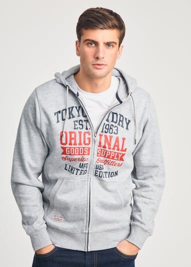 Tokyo Laundry Light Grey Full Zip Printed Hoody With Drawcord