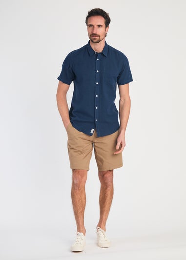 Tokyo Laundry Blue Linen Blend Short Sleeve Button-Up Shirt With Chest Pocket
