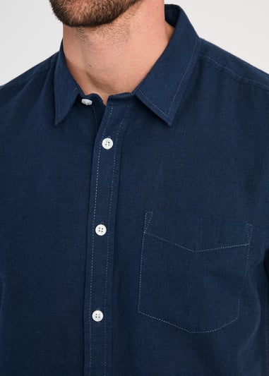 Tokyo Laundry Blue Linen Blend Short Sleeve Button-Up Shirt With Chest Pocket