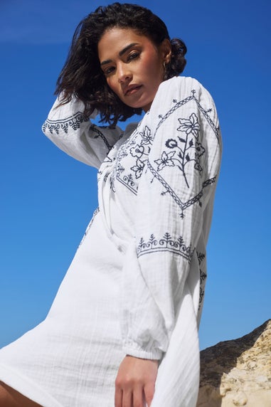 PixieGirl Petite White Cotton Embroidered Smock Dress