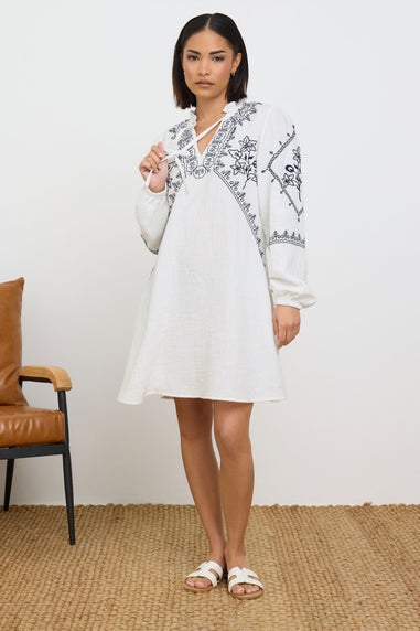 PixieGirl Petite White Cotton Embroidered Smock Dress