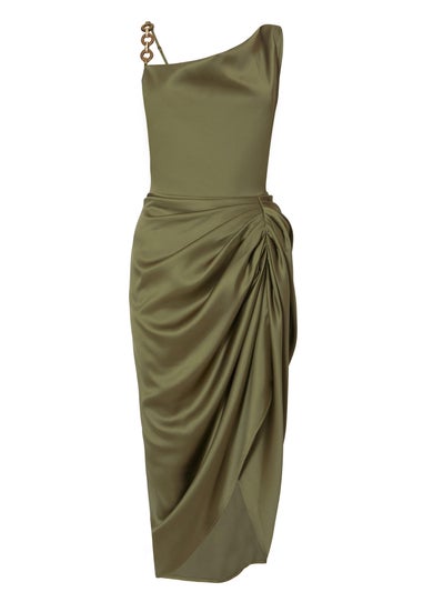 Quiz Khaki Satin Ruched Midi Dress