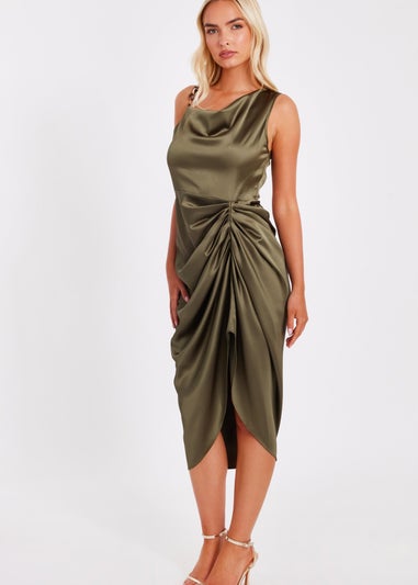 Quiz Khaki Satin Ruched Midi Dress
