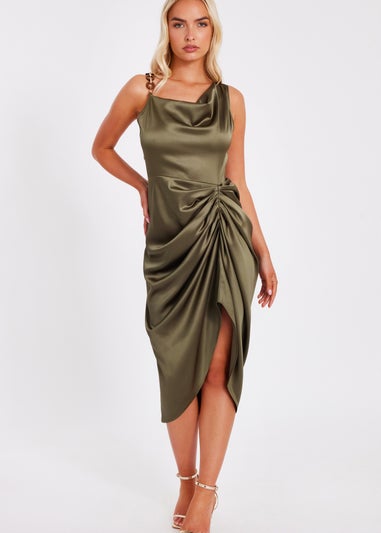 Quiz Khaki Satin Ruched Midi Dress