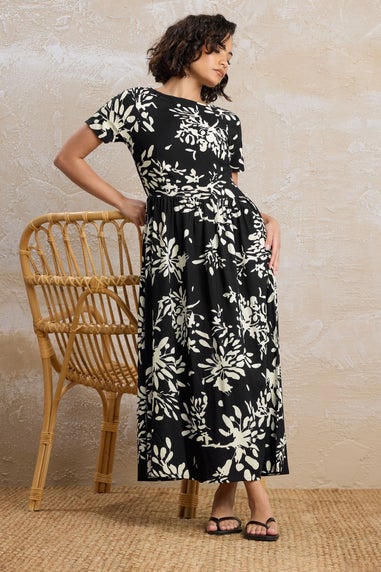 PixieGirl Petite Black Floral Print Tie Back Midaxi Dress