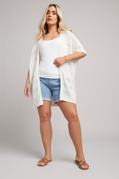 Yours Curve White Crochet Short Sleeve Cardigan