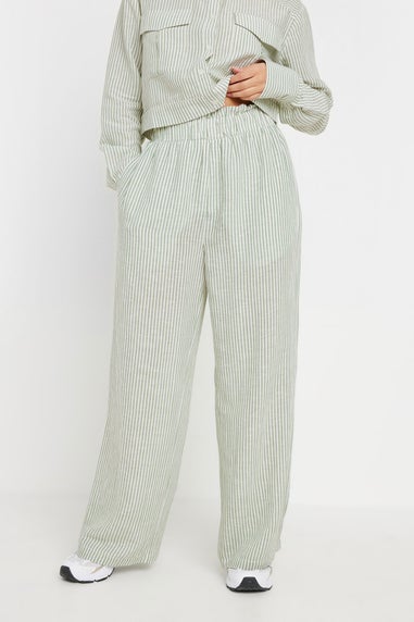 PixieGirl Petite Green Linen Striped Wide Leg Trousers