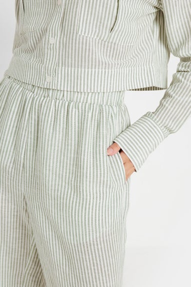 PixieGirl Petite Green Linen Striped Wide Leg Trousers