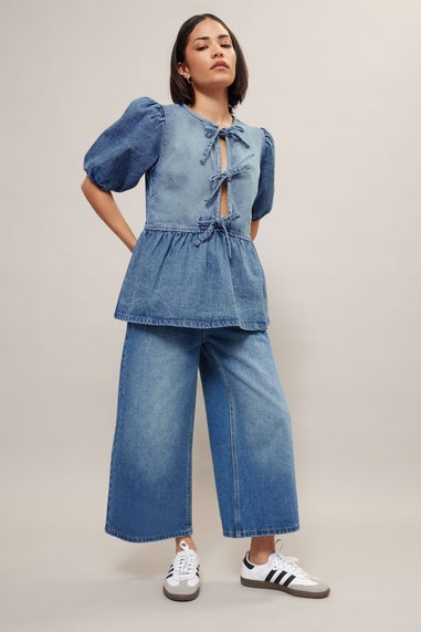 PixieGirl Petite Blue Denim Tie Front Peplum Top